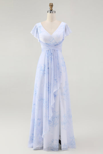 Blue Floral A Line V Neck Chiffon Long Bridesmaid Dress with Slit